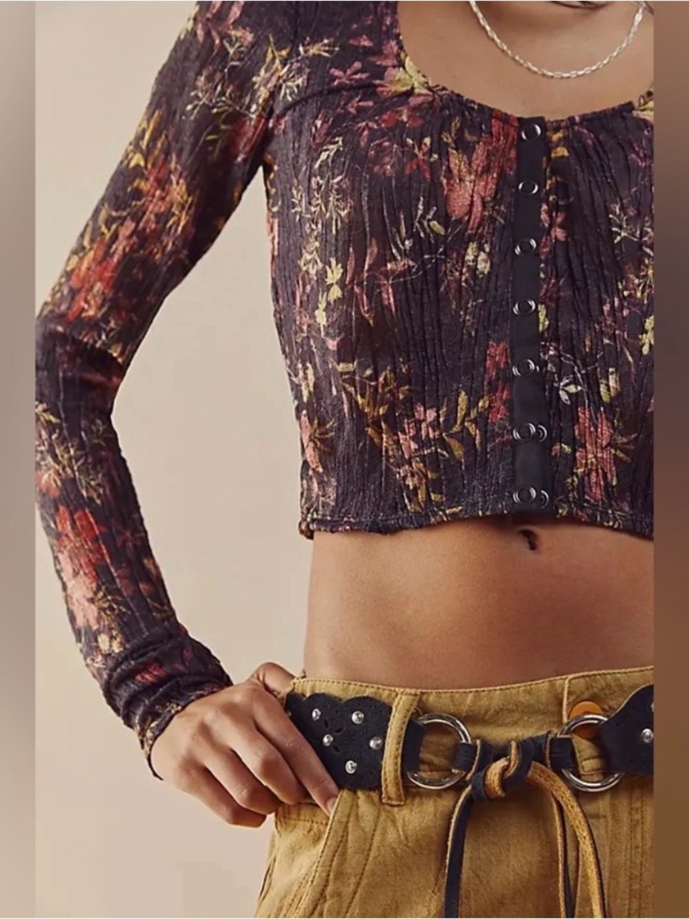 We The Free Angelina Lace Floral Ribbed Hook-Front Crop Top - Dark Combo